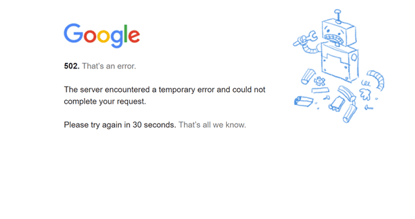 Google 502 error message